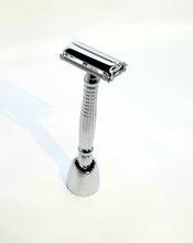 Load image into Gallery viewer, Bare &amp; Co. - Long Handle Butterfly Safety Razor - Silver (with Stand) Bare &amp; Co. - The Well Store
